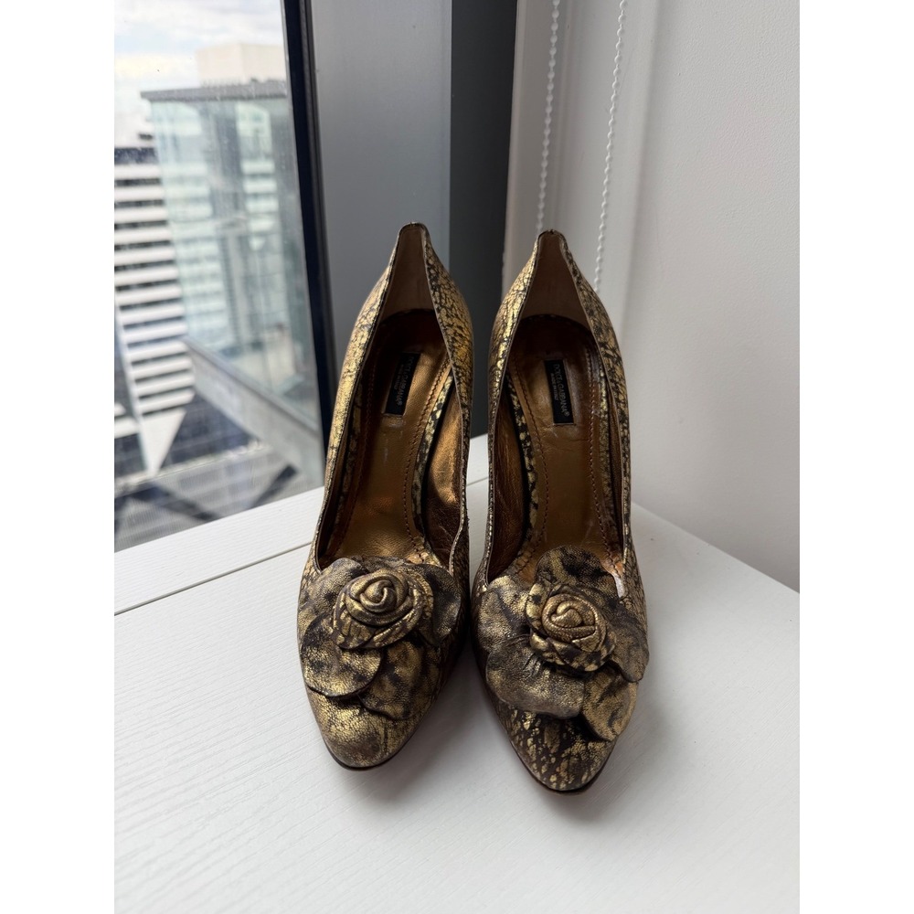 Vintage Y2K Dolce & Gabbana Gold metallicLeather Rose Heels Size 39 US 8-8,5